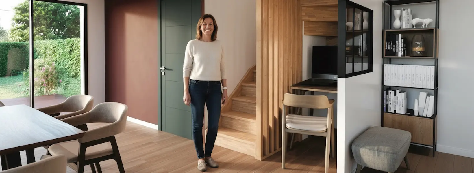 Dame devant son escalier nouvellement vernis